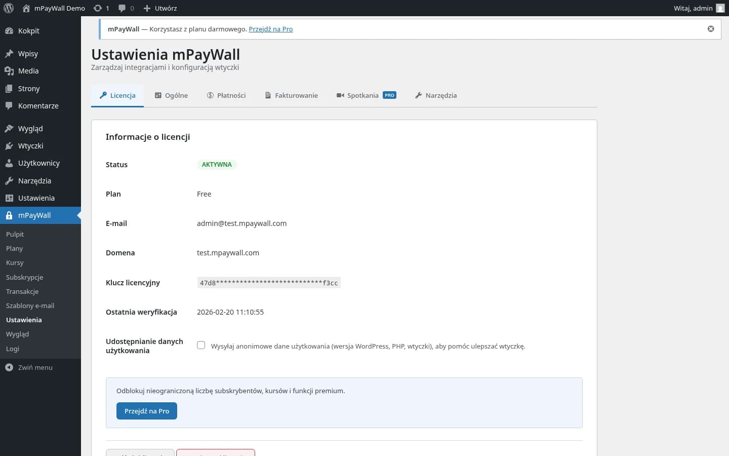 Strona ustawień licencji mPayWall ze statusem AKTYWNA