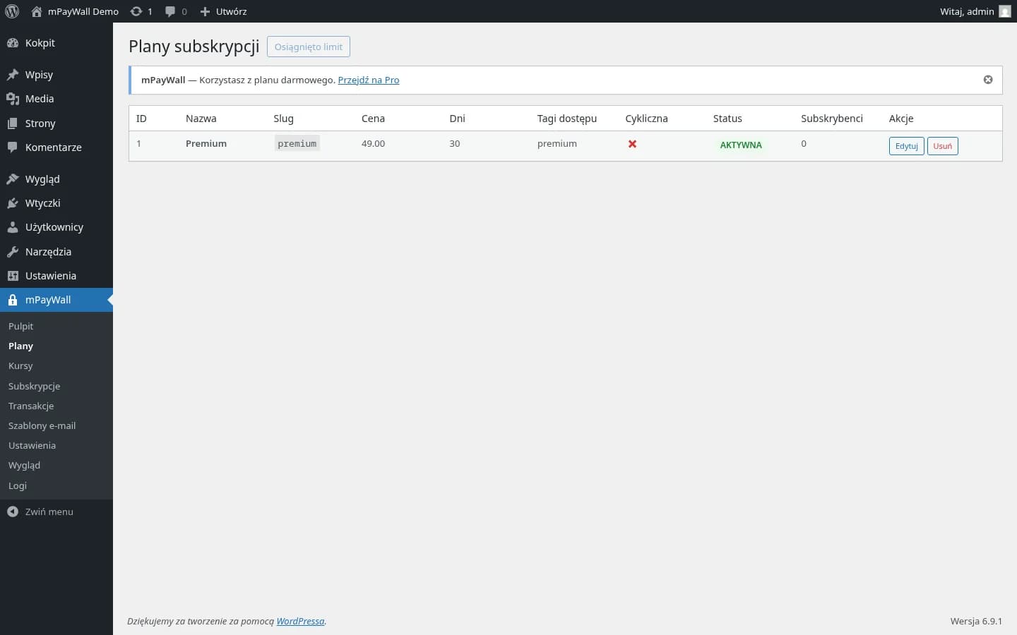 Lista planów subskrypcyjnych z przykładowym planem Premium